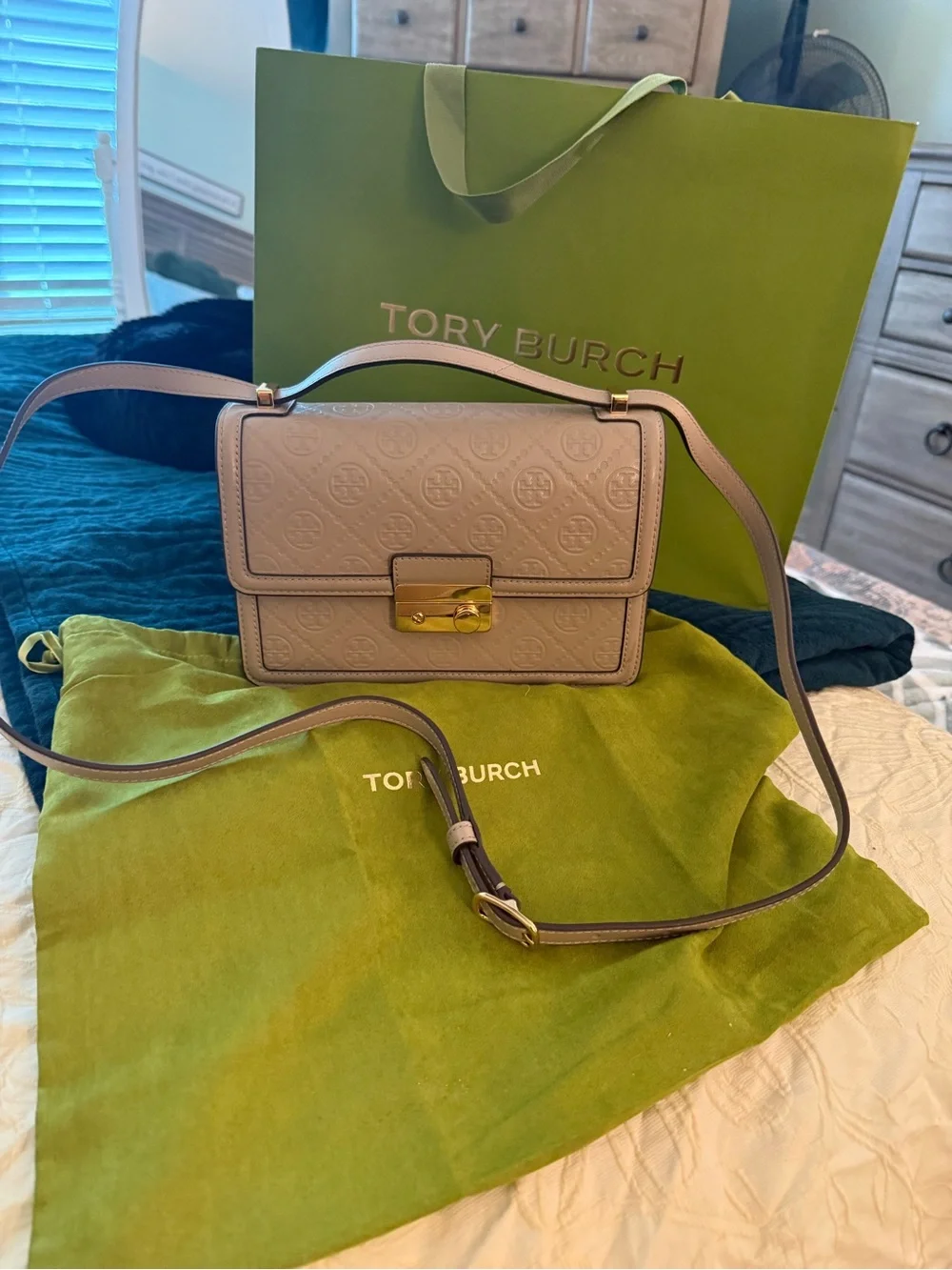 Tory Burch Embossed Leather Crossbody in Light Taupe